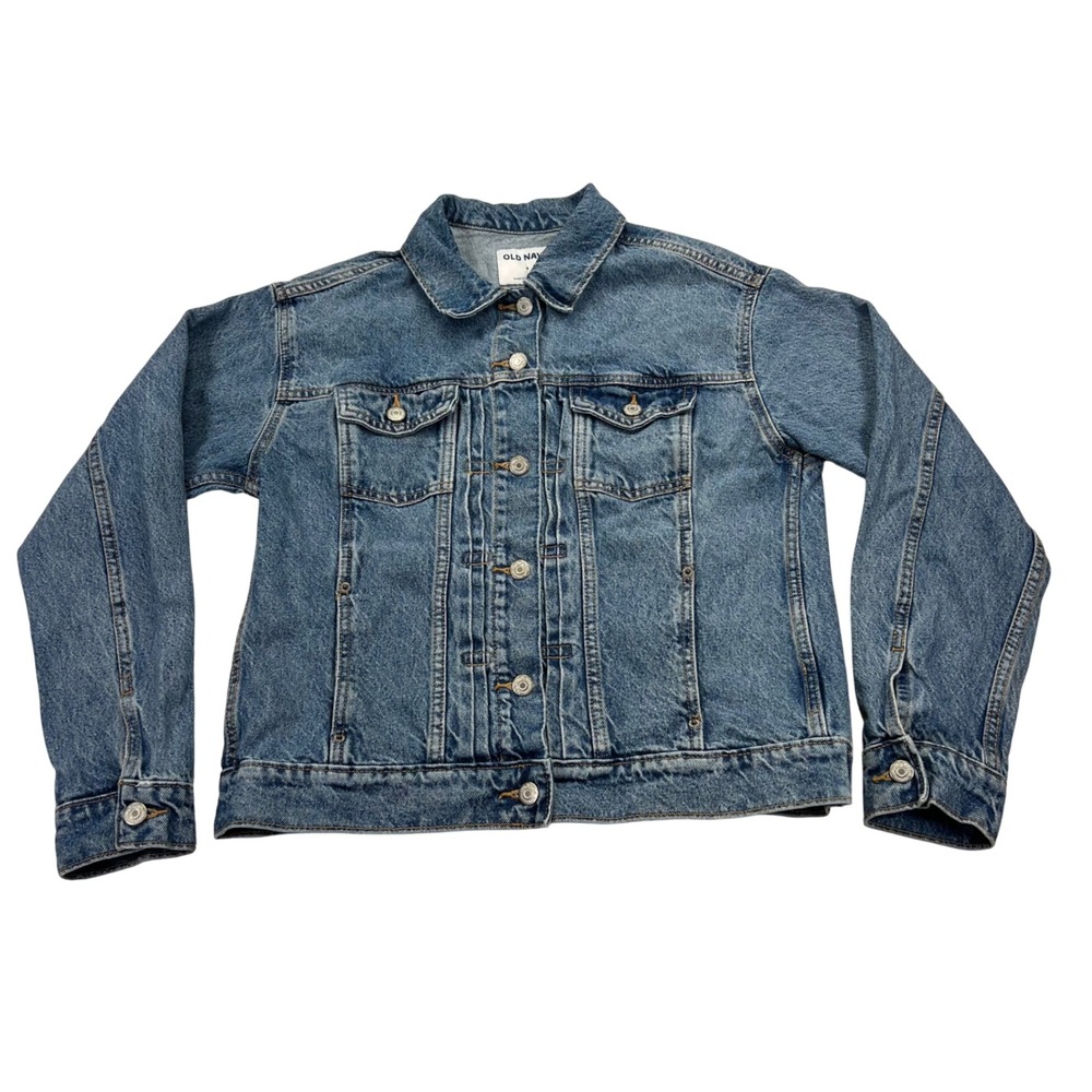Old Navy Denim Trucker Jacket Womens M Pintuck Pleats Birdie Wash Light DistresS